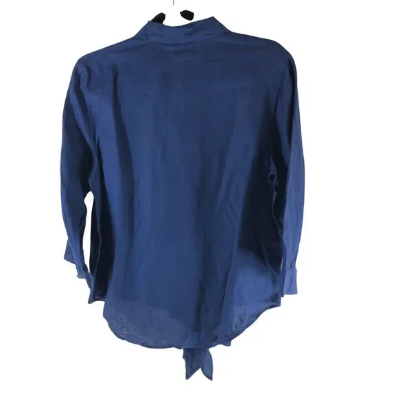 Chicos Button Up Shirt Effortless Linen 3/4 Sleeve Tie Waist Blue Size 1 US M - Picture 2 of 5